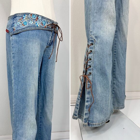 Y2K Hot Kiss Lace-Up Flare Jeans Low Rise Embroidered 3/ XS Boho Festival Bratz - Picture 5 of 16